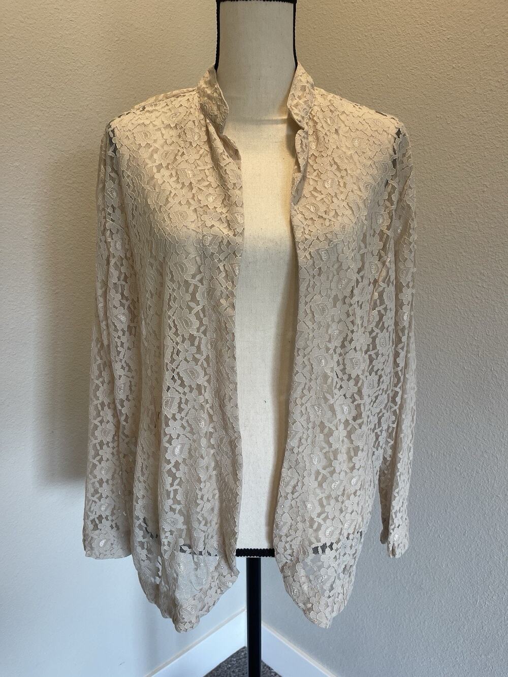Tudor Court Large Vintage Lace Sheer Open Front Cardigan Jacket Tan